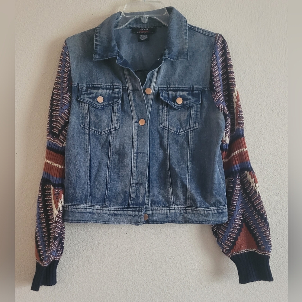 Denim Flying Tomato Sz Small Jacket with Patterned Knit Sleeves